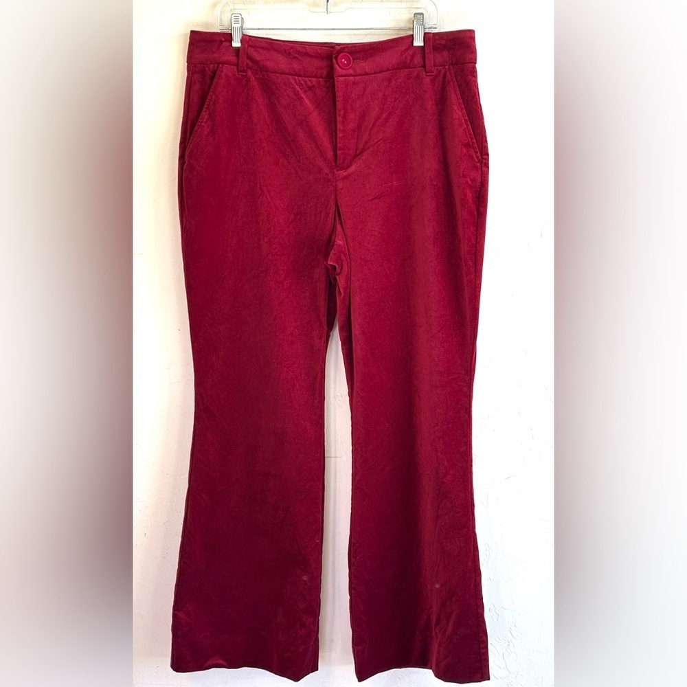 CAbi Crimson Red Velvet Festive Holiday Dress Flare Leg Flat Front Pants Sz 14